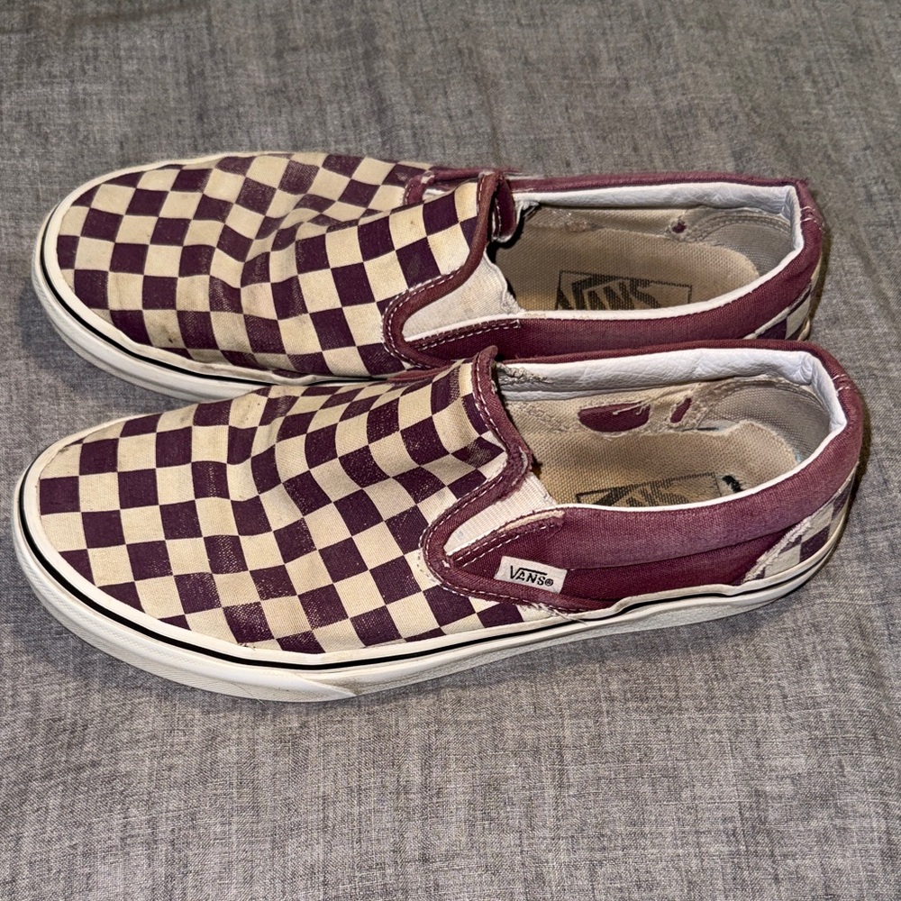 Vans Maroon and Cream Checkered Slip-Ons